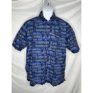 Tommy Hilfiger All Over Spell Out Shirt Size M Collar Short Sleeve Vintage Y2K